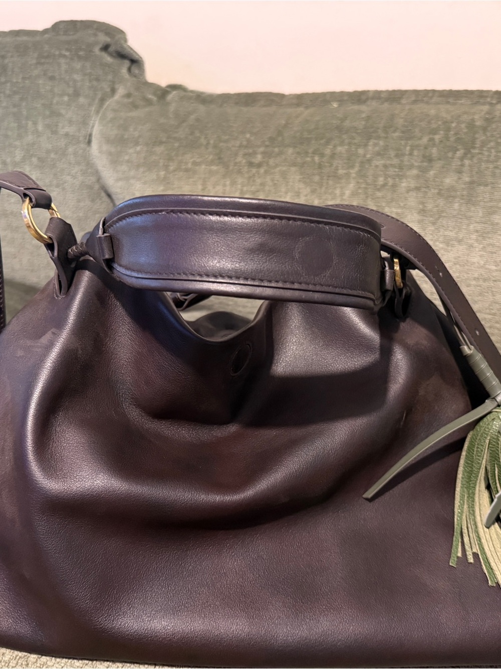 Songmont Gather Bag in Ebony Leather Hobo Bag with Olive Tassel